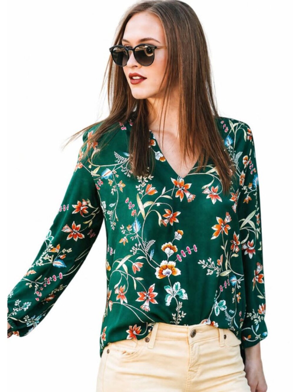 Velvet Floral V-Neck Blouse Green Boho Relaxed Drape Top Size large